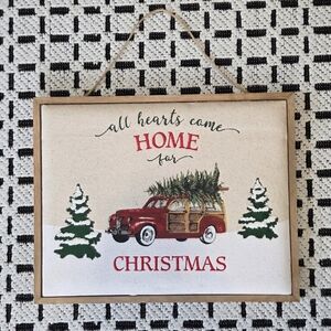 Embroidered "All Hearts Come Home For Christmas" Vintage Car w/ Tree Wall Art